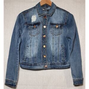 Dollhouse Distressed Trucker Jacket Blue Womens Sz M Copper Buttons Collared